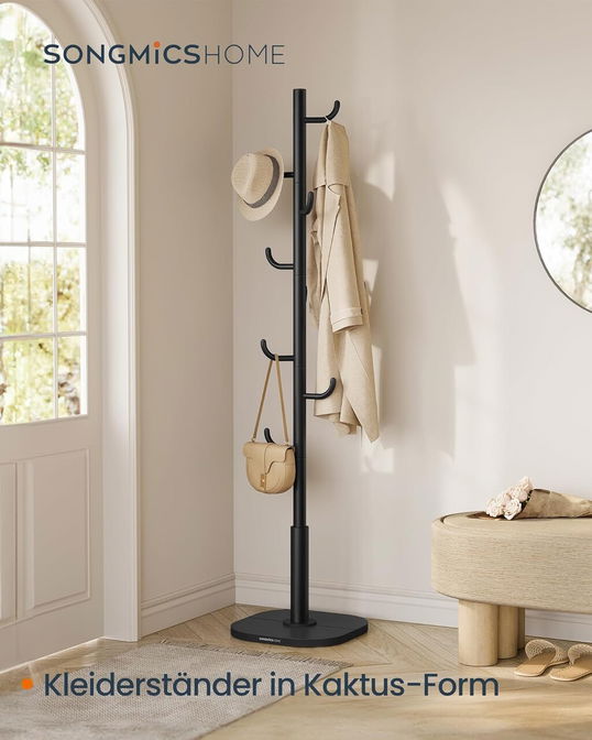 Cuier cu 8 agatatori Cactus, Vasagle, 40x40x175.3 cm, otel/MDF, negru